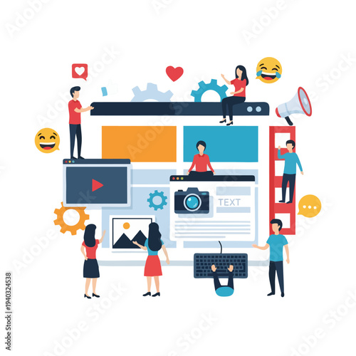 Content creation and management with people interacting with a website interface.