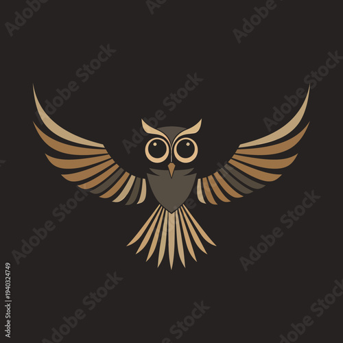 Stylized owl illustration with wings spread wide on dark background