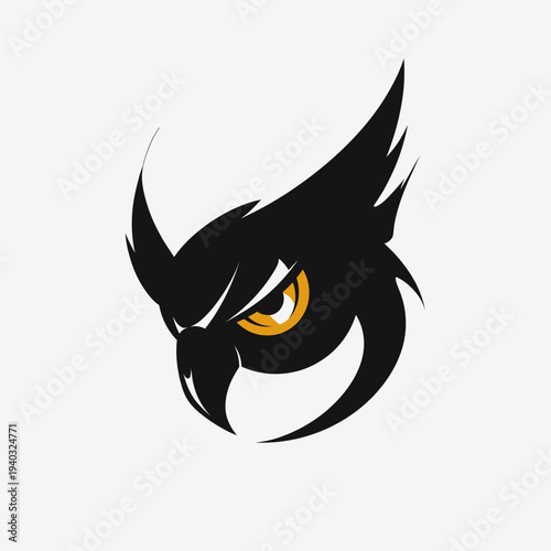 Stylized owl head illustration with sharp features and focused gaze