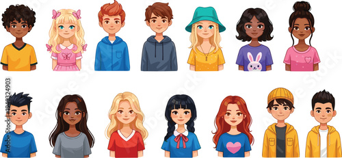 Cute diverse children avatar collection vector illustration set with boys and girls cartoon faces isolated on white background