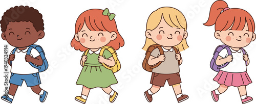 Cute happy school children walking with backpacks vector illustration set of diverse kids going to school together