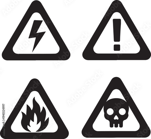 Four common warning symbols displayed in triangular formats with black borders Vector