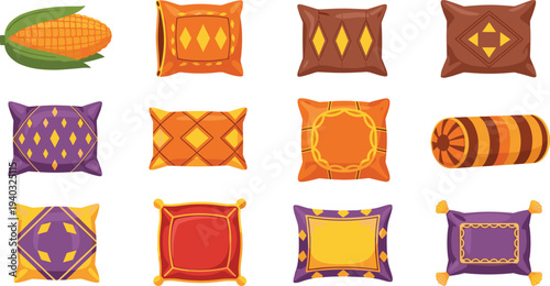Decorative Cushions and Corn Illustration with Vibrant Colors and Patterns for Home Decor and Textile Designs