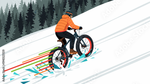 Vector illustration of a person riding a fat bike downhill in the snow with colorful motion trails