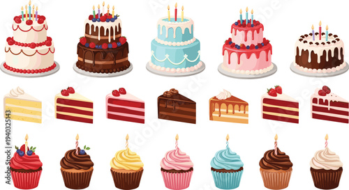 Delicious Set of Birthday Cakes, Sliced Cakes, and Cupcakes with Candles, Perfect for Dessert, Party, and Celebration, Vector Illustration