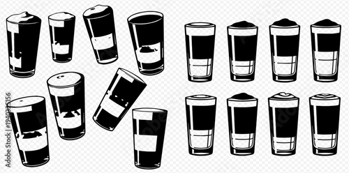 Set of various hand-drawn shot glasses and cocktails, black and white vector illustration.