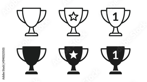 Trophy Icons in Various Designs and Symbols in Black Silhouette on White Background for Award and Achievement