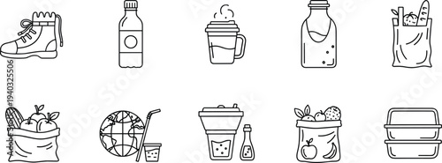Eco-Friendly and Daily Life Icons Collection Featuring Reusable Bottles, Bags, Footwear, and Sustainable Containers for Green Living Designs