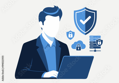 A focused professional managing digital security on a laptop, surrounded by cybersecurity and data protection symbols in this detailed vector illustration