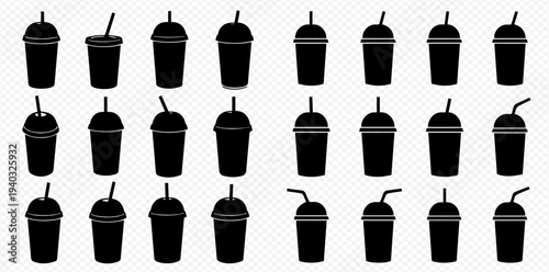 Collection of black silhouettes of various disposable cups with straws for cold drinks, milkshakes, and smoothies, isolated on a transparent background.