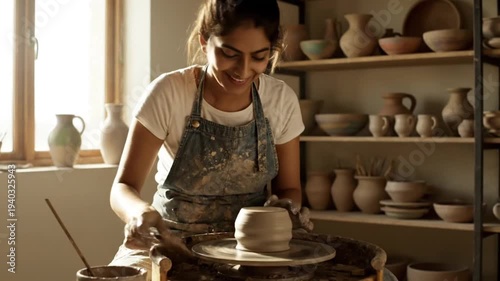 Potter Shaping Clay on Wheel