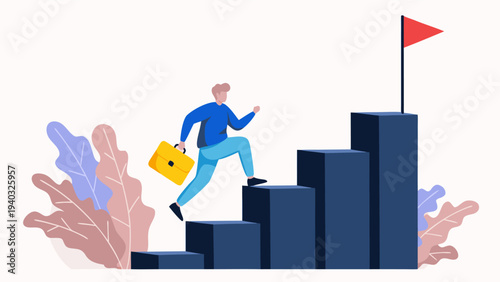 Ambitious businessman climbing steps to success, a dynamic vector illustration depicting career growth and achievement of goals and progress