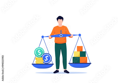 Economic decision-making process an engaging vector illustration portraying an individual weighing financial assets against tangible products on a balanced scale