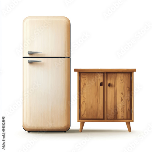 Vintage refrigerator and wooden cabinet a classic kitchen appliance set.