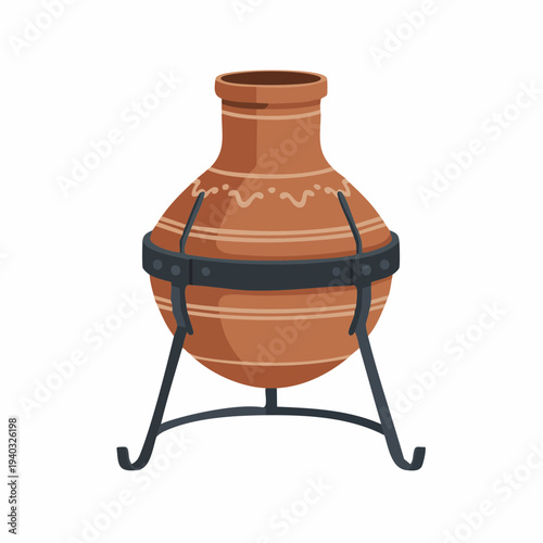 Ancient clay pot on a black metal stand, illustration of a traditional vessel, cultural artifact, decorative item, pottery, heritage, clay, antique, museum, exhibit