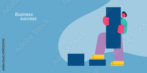 Business success concept with woman climbing steps showing growth and progress toward achievement. Flat design vector illustration for business success and goal reaching concepts.