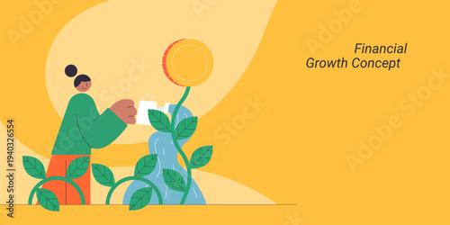 Financial growth concept with woman watering money plant showing investment and wealth building. Flat design vector illustration for financial growth, savings and prosperity concepts.