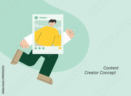Content creator concept with man holding social media post showing influencer and digital content creation. Flat design vector illustration for content creator and online platform concepts.