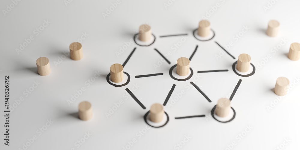Obraz premium Abstract concept of social network or team concept from wooden ojects on white background with network structure, selective focus