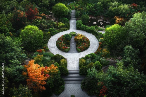 Aerial View of a Lush, Circular Garden Path with Colorful Autumn Foliage and Water Feature