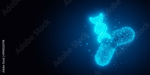 Blue glowing open pill capsule with wireframe DNA abstract model on dark background with copy space