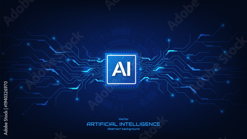 Concept of artificial intelligence and smart network digital technology. AI chip with circuit lines on futuristic background. Computer processor chip. Quantum and innovation tech. Vector illustration.