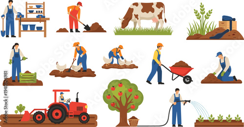 Farming and Agriculture Activities Illustration Featuring Tractor, Animals, Planting, Irrigation, and Harvesting for Farm Life and Rural Work Designs