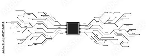 Computer processor chip with circuit lines and electronic elements on a white background. Artificial intelligence. Motherboard digital chip. Quantum computer database. Vector illustration.