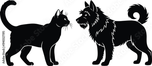 Set of two black and white domestic animal illustrations featuring a graceful cat and a fluffy dog isolated on white,