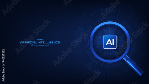 AI chip processor under a magnifying glass on a circuit board background. Algorithm analysis. Generative AI. Artificial intelligence concept. Displaying cyber information. Vector illustration.