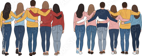 Group of People Standing Together with Arms Around Each Other for Friendship, Unity, and Social Connection Designs