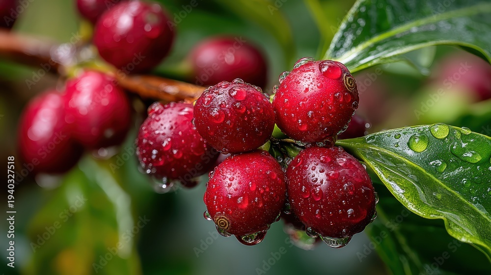 Obraz premium Lush Ripe Red Coffee Cherries with Fresh Raindrops on Coffee Tree
