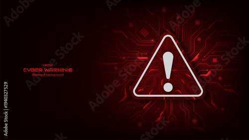 Attention warning danger symbol on a circuit board background. Hacked system or cyber attack. Cybersecurity protection from malware attacks. Phishing and other cyber crimes. Vector illustration.
