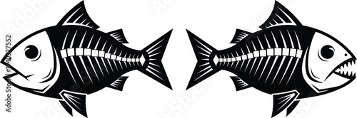 Set of two black and white fish skeleton illustrations with sharp teeth and detailed bone structures isolated on white background,