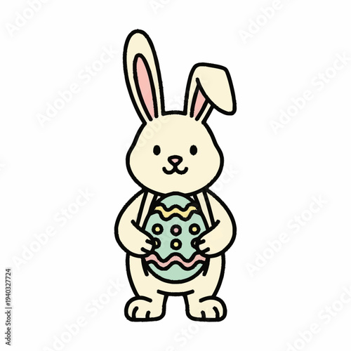Cute cartoon Easter bunny holding a decorated egg.