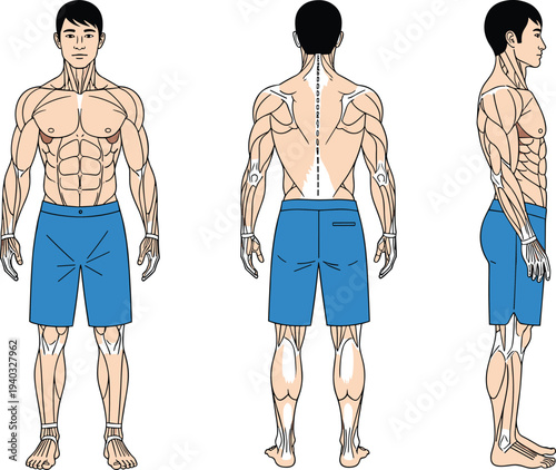 Human Body Muscle and Bone Structure Illustration, Anatomical View from Front, Side, and Back, Vector Art