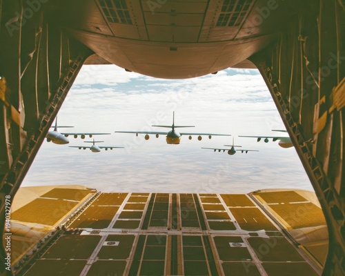 A breathtaking aerial view of a military transport aircraft formation flying across the sky
