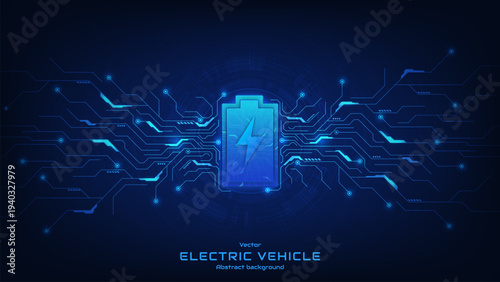Electric fast charge technology concept. Electric battery charging glowing symbol on a futuristic circuit board background. Energy sources for renewable. Energy storage system. Vector illustration.