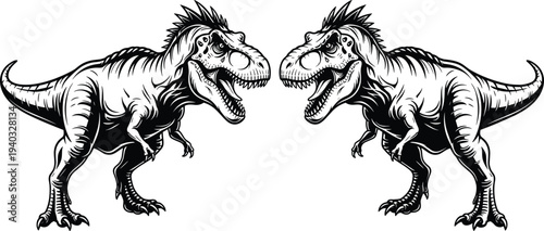 Set of two black and white Tyrannosaurus Rex dinosaur illustrations with aggressive expressions and open mouths isolated on white background,