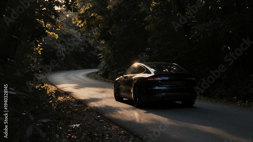 Black Electric Car Driving on Winding Forest Road at Golden Hour with Dappled Sunlight Through Trees Cinematic Travel Vehicle Scene