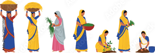 Indian Women Farming and Harvesting Crops with Traditional Tools and Techniques for Rural Agriculture and Village Life Designs