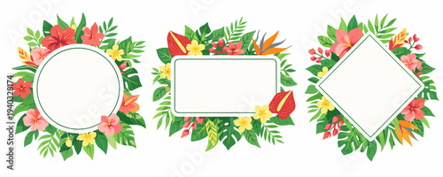Set of three tropical flower wreath frames with blank circle, rounded rectangle and diamond shapes, vibrant foliage and warm blossoms. Great for invitations, packaging and social banners.