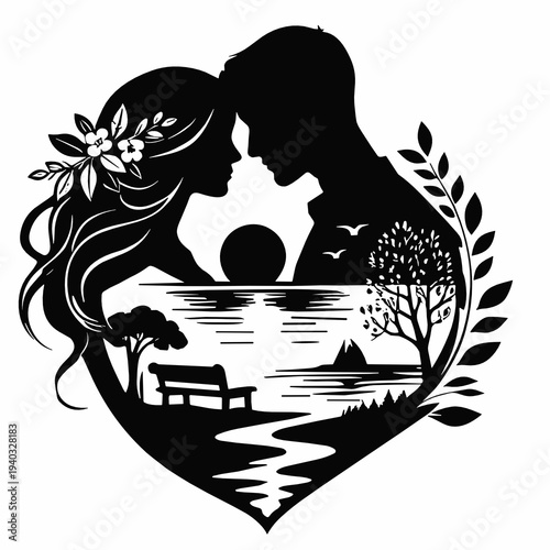 Couple silhouette in a heart-shaped composition with floral hair, sunset sea, bench, trees and birds, framed by leaves, minimalist double exposure artwork for love and nature.