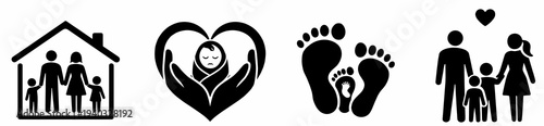 Minimal black and white vector icon row with family in a house, newborn in heart-shaped hands, baby footprints, and parents with child and heart. Concept of newborn care and family love.