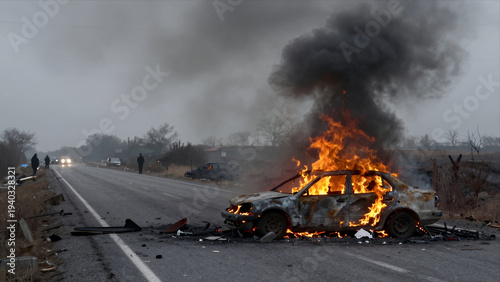 Burning Car on Road with Thick Smoke Rising From Wreckage Emergency Scene Aftermath of Accident or Arson Realistic Photo