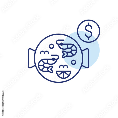 Seafood paella and dollar. Restaurant meal cost, traditional cuisine price, dining experience expense. Takeaway and delivery food. Pixel perfect, editable stroke vector icon