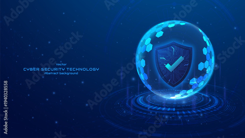 Concept of cybersecurity. Protection shield symbol inside a transparent sphere shield with a hexagon pattern on digital glowing background. Personal data protection and phishing. vector illustration.