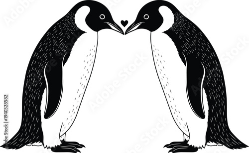 Black and white minimalist vector illustration of two emperor penguins facing each other with a small heart shape between their beaks