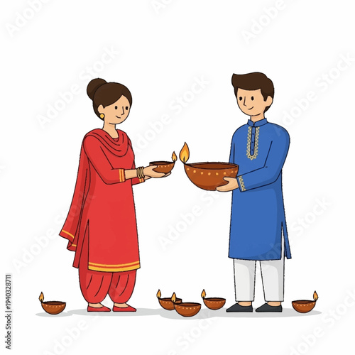 Indian couple celebrating Diwali festival with traditional attire and lighting diyas.