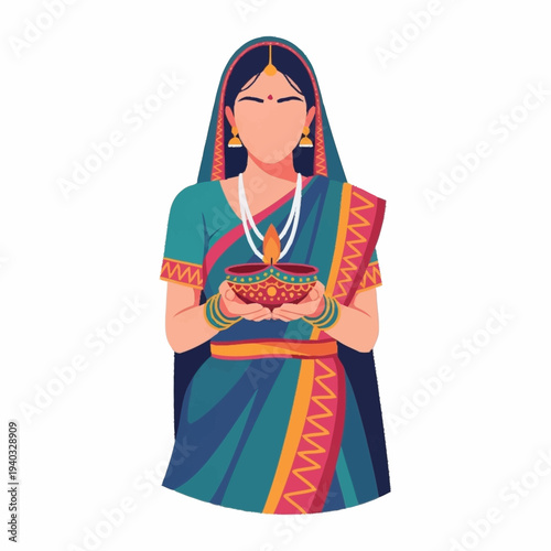 Indian Woman Holding Diya for Diwali Celebration.
